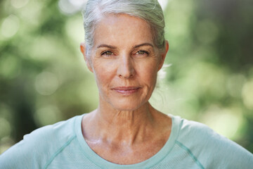 Canvas Print - Portrait, exercise and senior woman with confidence, outdoor and training for wellness, healthy lifestyle and balance. Face, mature female and lady with serious workout, and retirement in a park