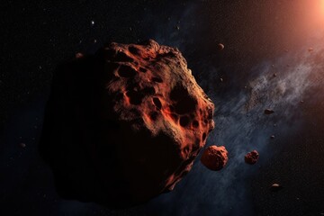 Wall Mural - a comet and an asteroid orbit a red planet in space that is covered in craters. generative ai
