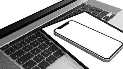 smartphone and zablet on top of laptop - mockup isolated with transparent screen and background png