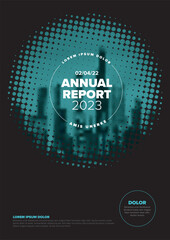 Wall Mural - Dark annual report front cover page template with blue photo in halftone effect frame