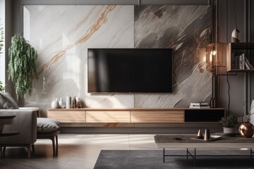 Poster - TV on cabinet with marble wall in contemporary living room. Generative AI