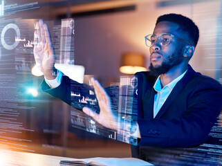 Aufkleber - Data hologram, global network and black man working on futuristic software in the dark. Finance database, virtual overlay and financial analytics work at night with a African male and focus at office