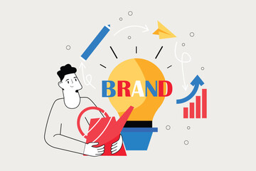 Aufkleber - Brand line concept with people scene in the flat cartoon design. Creative designer presents the design of a new brand created by his team.