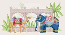 Mughal Elephant And Camel Concept. Traditional Indian Holiday. Wild Animals In Traditional Oriental Accessories. Asian Culture. Design Element For Postcard. Cartoon Flat Vector Illustration