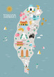 Vector illustration of Taiwan map with famius symbols, landmarks, animals.