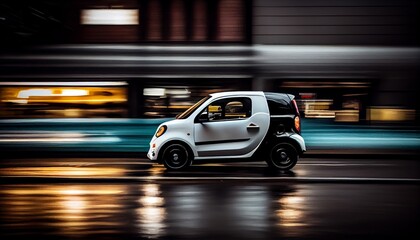 White modern delivery small shipment cargo courier van moving fast on motorway road to city urban suburb.