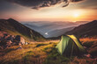 Tourist tent camping in mountains at sunset . Generative ai