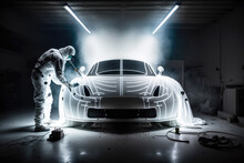 Mechanic Painting Car Body, All White Workshop And Bright Lights. Generative Ai