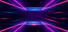 Abstract technology futuristic neon triangle glowing blue and pink  light lines with speed motion blur effect on dark blue background.