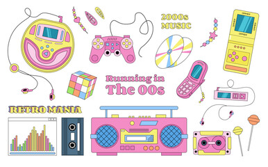 Poster - Collection of Y2K objects, game pad, music players, disks, decorations, vector objects, stickers, retro vibes.