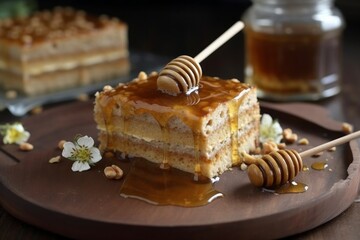 Wall Mural - Photo of a delicious slice of honey cake on a plate created with Generative AI technology