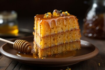 Wall Mural - Photo of a delicious slice of honey cake on a plate created with Generative AI technology