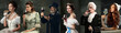 © master1305 - Set of portraits of different men and women, royal persons drinking wine against dark vintage background. Concept of comparison of eras, modernity and renaissance, baroque style. Creative collage.