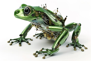 Image of a green frog modified into a robot on a white background. Wild animal. illustration, generative AI.