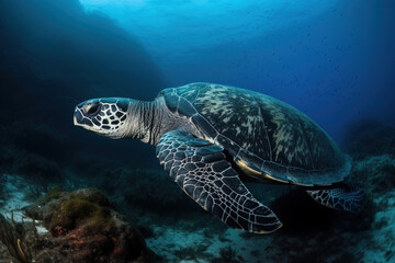 Poster - image of a hawksbill turtle swimming under the sea. underwater animals. illustration, generative AI.