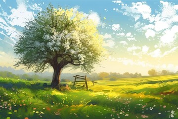 Wall Mural - serene countryside scene with a tree and fence in a field. Generative AI