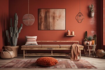 Canvas Print - Rustic home interior mockup with bench, chairs, and decor in red room,. Generative AI