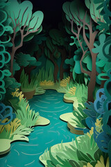 3D paper cut of a jungle forest with a river - Generative AI