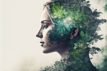 Beautiful woman portrait with blossom greenery foliage leaf hairstyle on isolated background double exposure. Girl face cover with blossom springtime leaves. Superb Generative AI.