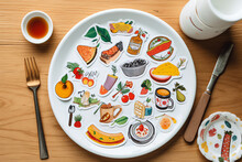 Food-themed Stickers Arranged On A White Plate. Digital Art Illustration. Generative AI