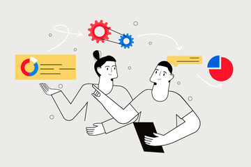 Aufkleber - Teamwork line concept with people scene in the flat cartoon design. Two colleagues discuss a plan for joint work.