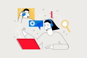 Poster - Support line concept with people scene in the flat cartoon style. Man called the support center to get specialist advice.