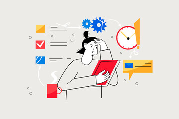 Aufkleber - Deadline line concept with people scene in the flat cartoon design. Woman checks the list of tasks that she needs to do before the deadline.