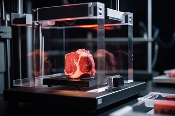 3d printer creates a piece of meat, created by a neural network, generative ai technology