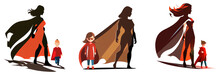 Set Vector Illustration Of Woman In Red Superhero Gown With Her Kid Isolated On White