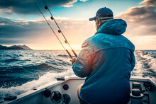 Man Fish Fishing In The Ocean On A Boat, Lifestyle Hobby Fishing, Father's Day. Generative AI