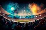 Fototapeta Londyn - Victory salute at a sports stadium with full stands of spectators, the World Cup. Generative AI