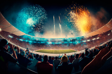 Victory salute at a sports stadium with full stands of spectators, the World Cup. Generative AI