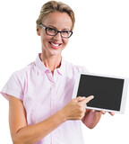 Fototapeta  - Portrait of smiling teacher holding digital tablet