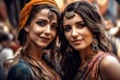 Two beautiful women with gypsy style outfit posing and looking at camera. Generative AI