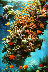 Wall Mural - Coral reef underwater illustration, beautiful undersea coral reef background. Generative Ai.