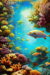 Wall Mural - Coral reef underwater illustration, beautiful undersea coral reef background. Generative Ai.