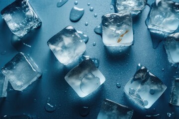 Poster - Top view of ice cubes with water drops strewn about against a blue background. Generative AI