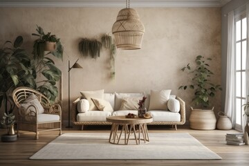 Sticker - Boho chic living room, vivid wall mockup,. Generative AI