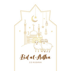  Vector illustration for muslim holiday Eid al-Adha. Gold cards with arabic decoration, sheep, mosque, golden geometric frame, calligraphy for happy sacrifice celebration