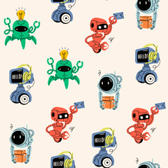 set of various robots. cute artificial robotic characters. hand drawn vector illustration. futuristi