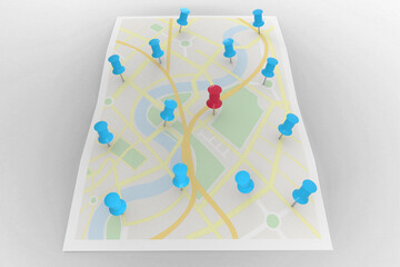 Poster - Red pointer surrounded by blue markers on world map
