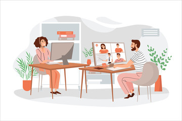 Aufkleber - Online conference orange concept with people scene in the flat cartoon design. Two employees work in the office and communicate with others via video conference.