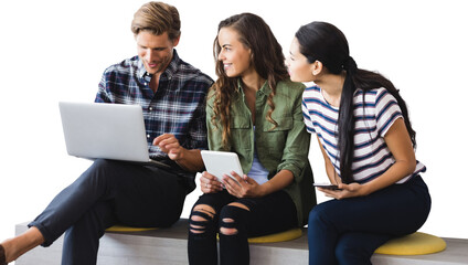 Poster - Business people discussing over laptop while sitting on seat