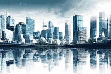 Poster - Illustration of a modern city in white isolation with room for text. Business success, global corporations, skyscrapers, financial institutions, and office buildings. Generative AI