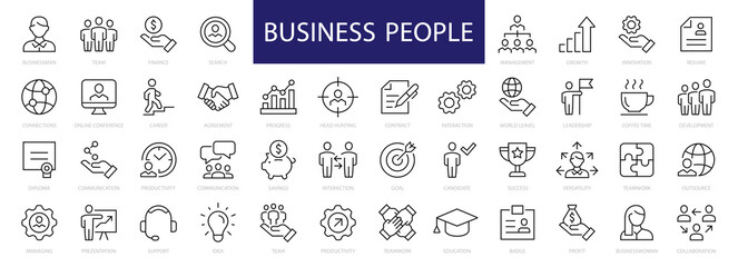 Poster - Business People & Teamwork thin line icons. Business people editable stroke icon. Businessman, Businesswoman, Management, Teamwork, Headhunting symbols. Vector illustration