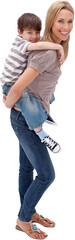 happy mother giving piggyback ride against white background