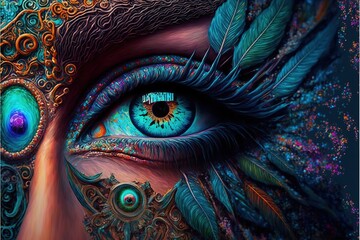 Macro closeup vivid colorful eye in creative makeup texture design. Contemporary fantasy color pattern face and eyeball painting in realistic digital artwork. Superb Generative AI.