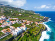 Aerial View at San Andres village near Los Sauces at northeast of La Palma Island. Green Volcanic Hills, and the Coast of the Atlantic Ocean. Canary Islands, Spain. 