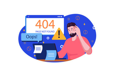 Aufkleber - 404 not found blue concept with people scene in the flat cartoon design. Programmer is worried about an error that occurred during work.