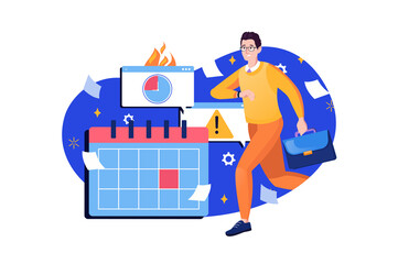 Aufkleber - Deadline blue concept with people scene in the flat cartoon design. Employee is in a hurry to complete all tasks before the deadline.